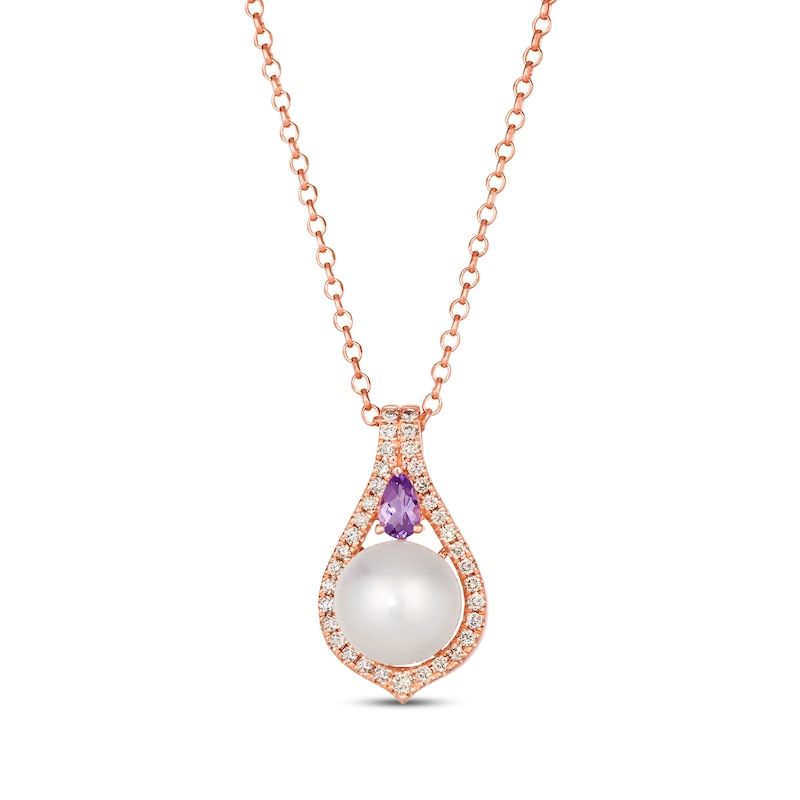 Le Vian Cultured Pearl & Amethyst Necklace 1/4 ct tw Diamonds Strawberry Gold Plated 19"