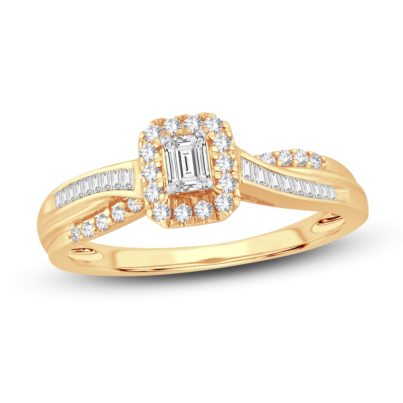 Diamond Engagement Ring 3/8 ct tw Emerald, Baguette & Round Yellow Gold Plated