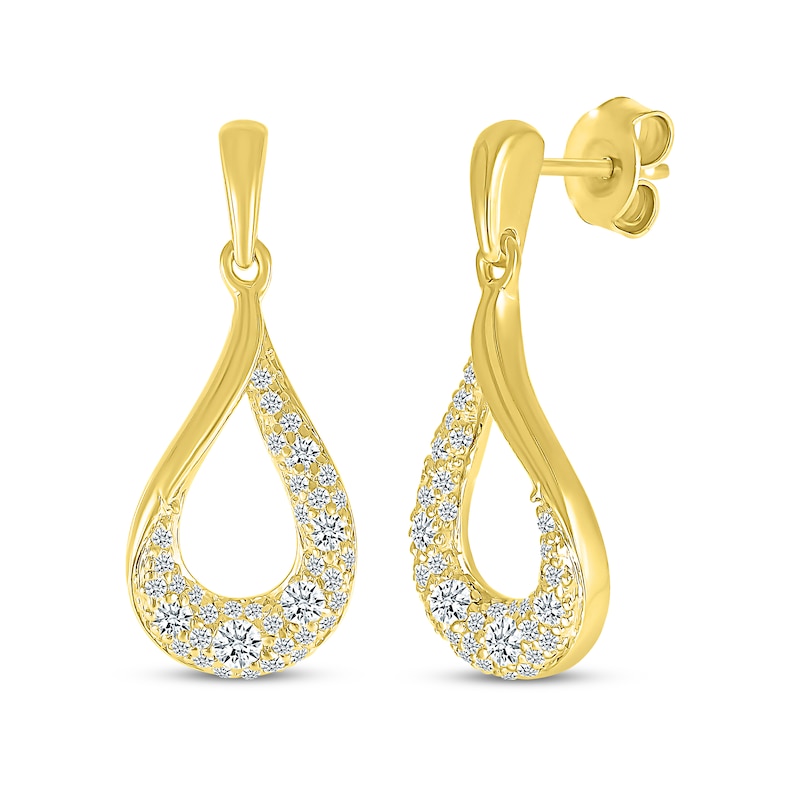 Diamond Cobblestone Twist Teardrop Dangle Earrings 1/2 ct tw Yellow Gold Plated