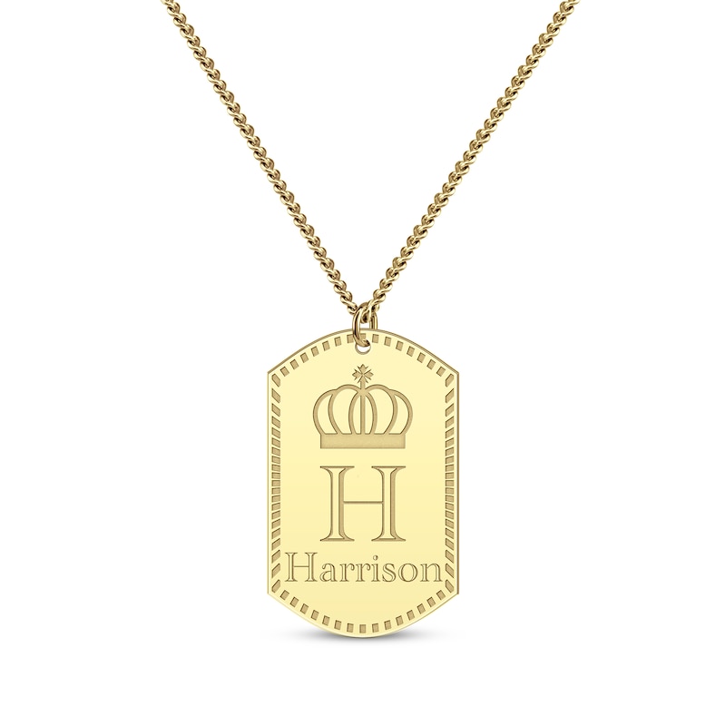 Men's Name & Initial with Crown Dog Tag Necklace Yellow Gold Plated 22"