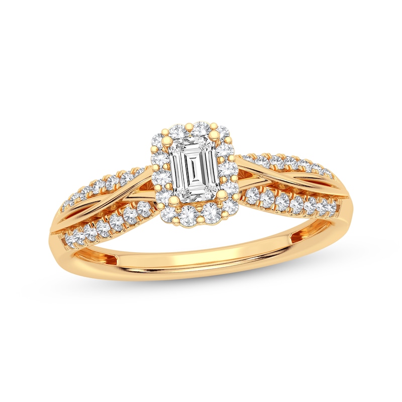 Emerald-Cut & Round-Cut Diamond Engagement Ring 3/8 ct tw Yellow Gold Plated
