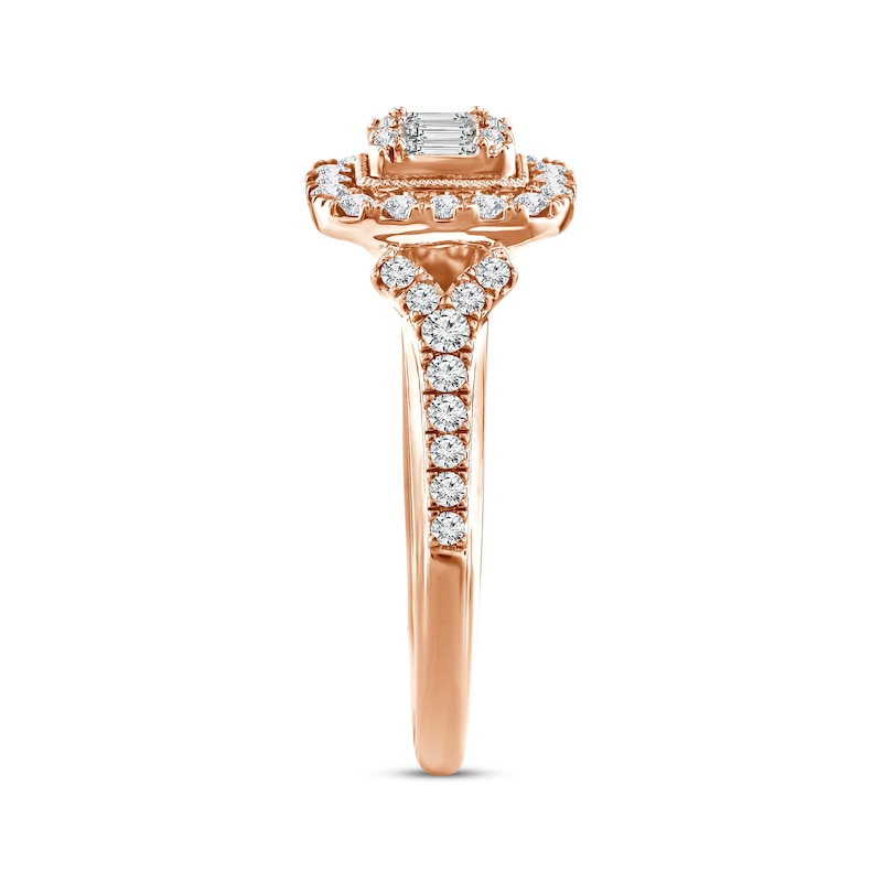 Multi-Diamond Center Elongated Cushion Frame Engagement Ring 5/8 ct tw Rose Gold Plated