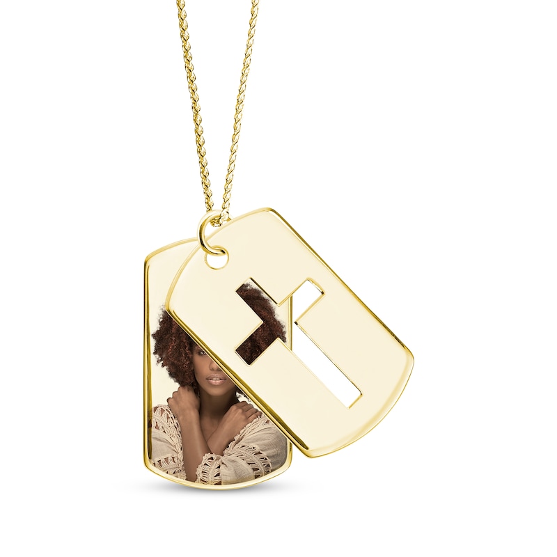 Men's Double Dog Tag Photo & Cross Swivel Necklace Yellow Gold Plated 22"